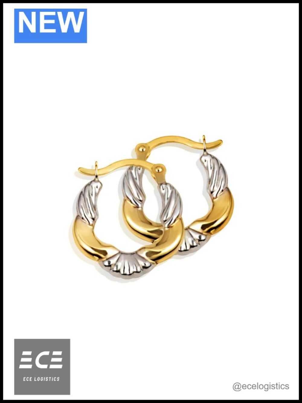 14K Two-Tone Gold Reversible Ribbed Striped Hoop Earrings 13.5mm
